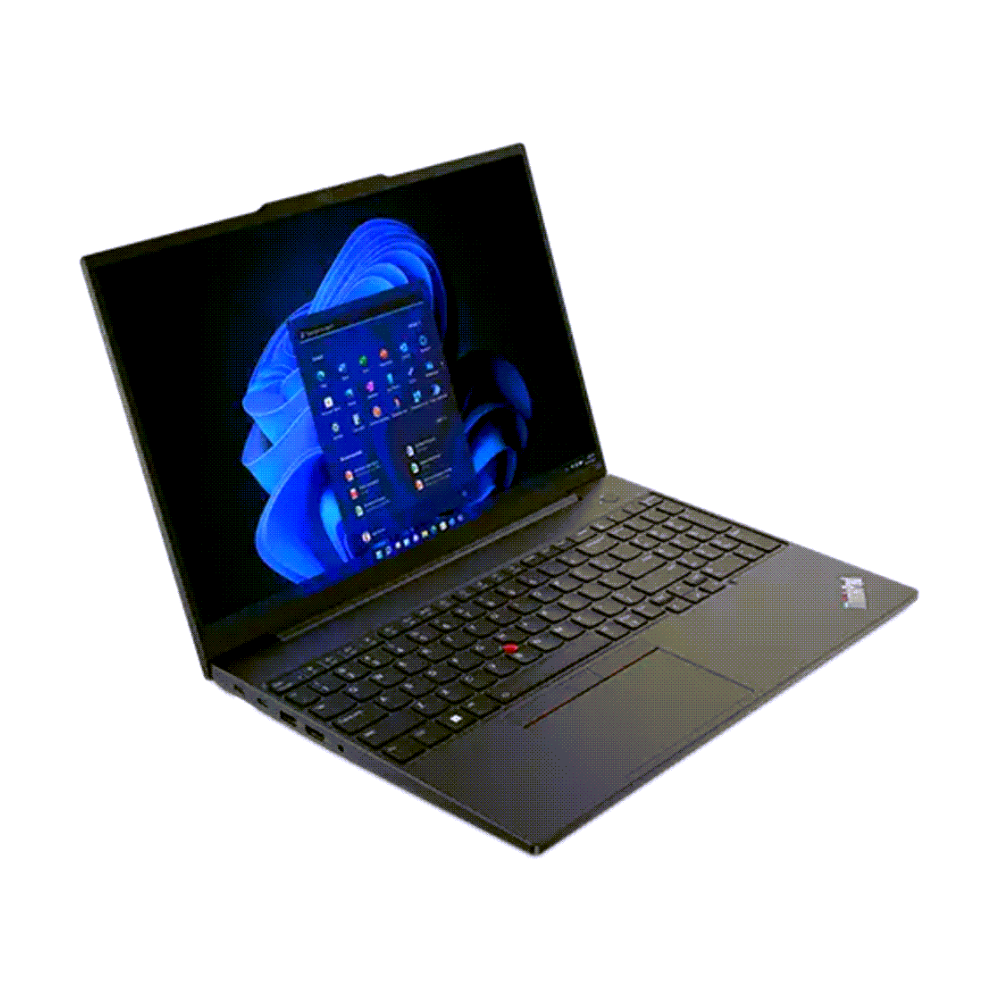 Black laptop with a blue screen on a white background