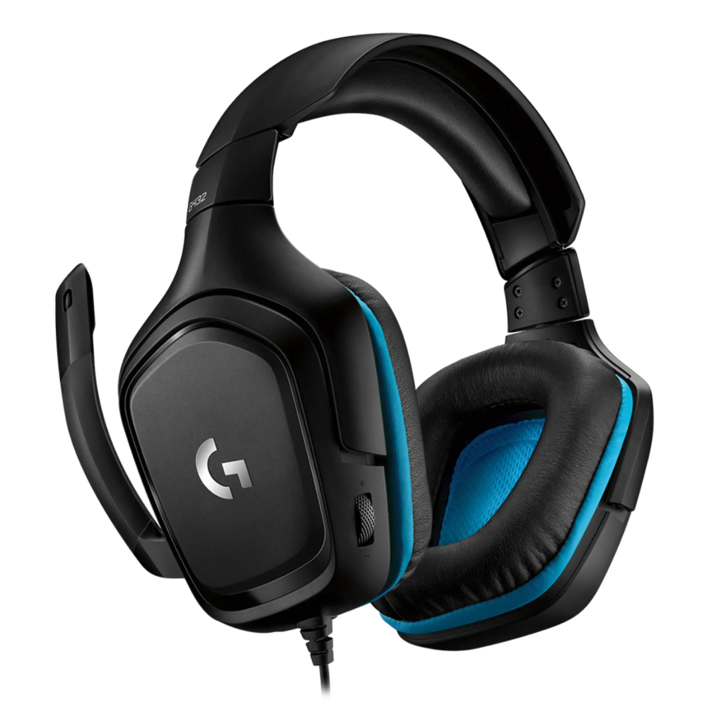 Black and blue gaming headset with Logitech logo on a white background