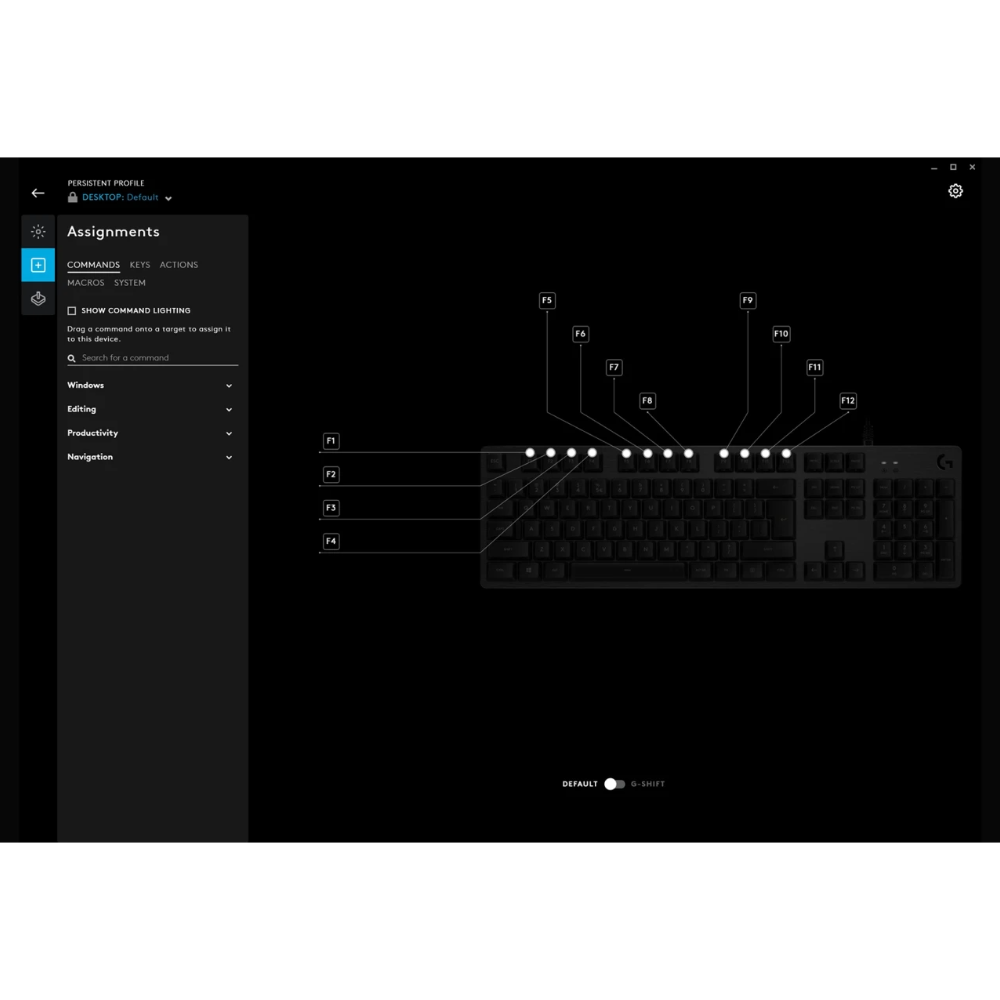 Software interface for configuring a keyboard with assignments on a black background