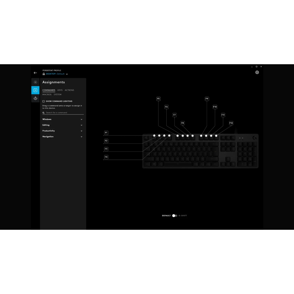 Software interface for configuring a keyboard with assignment options on a black background