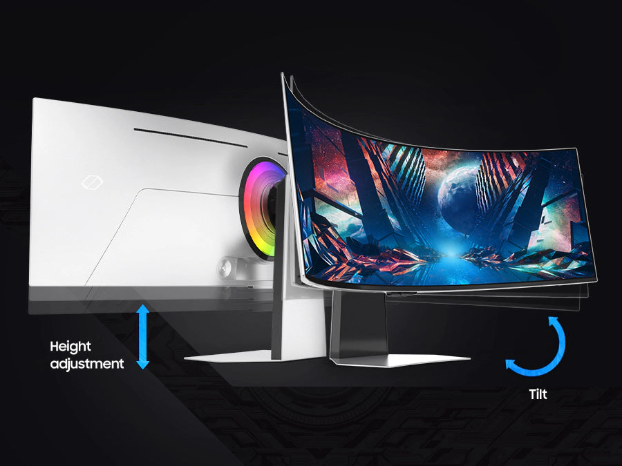 Curved monitor with height adjustment and tilt features on a black background