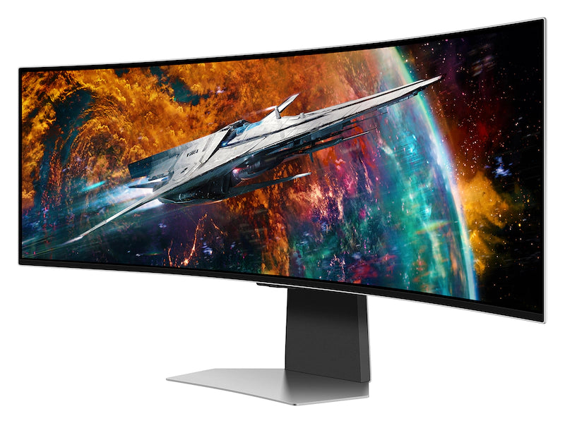 Curved monitor displaying a space-themed wallpaper with a spaceship.