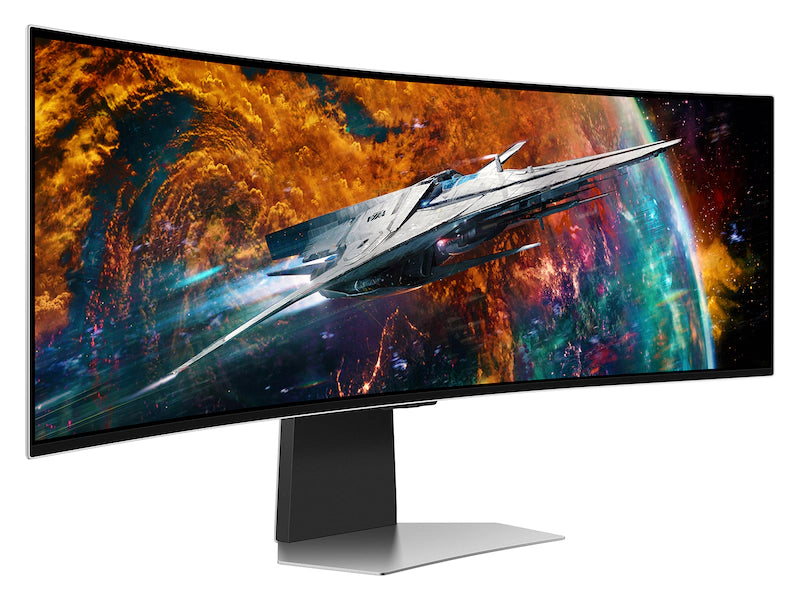 Curved monitor displaying a space-themed wallpaper with a spaceship.