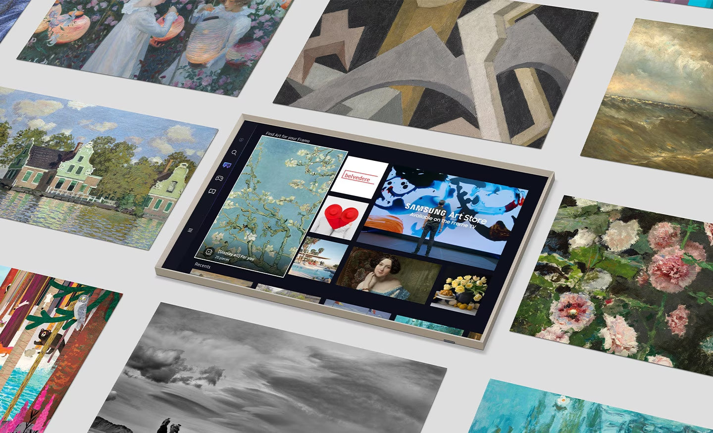 Tablet displaying a collage of images on a white surface with various artworks.