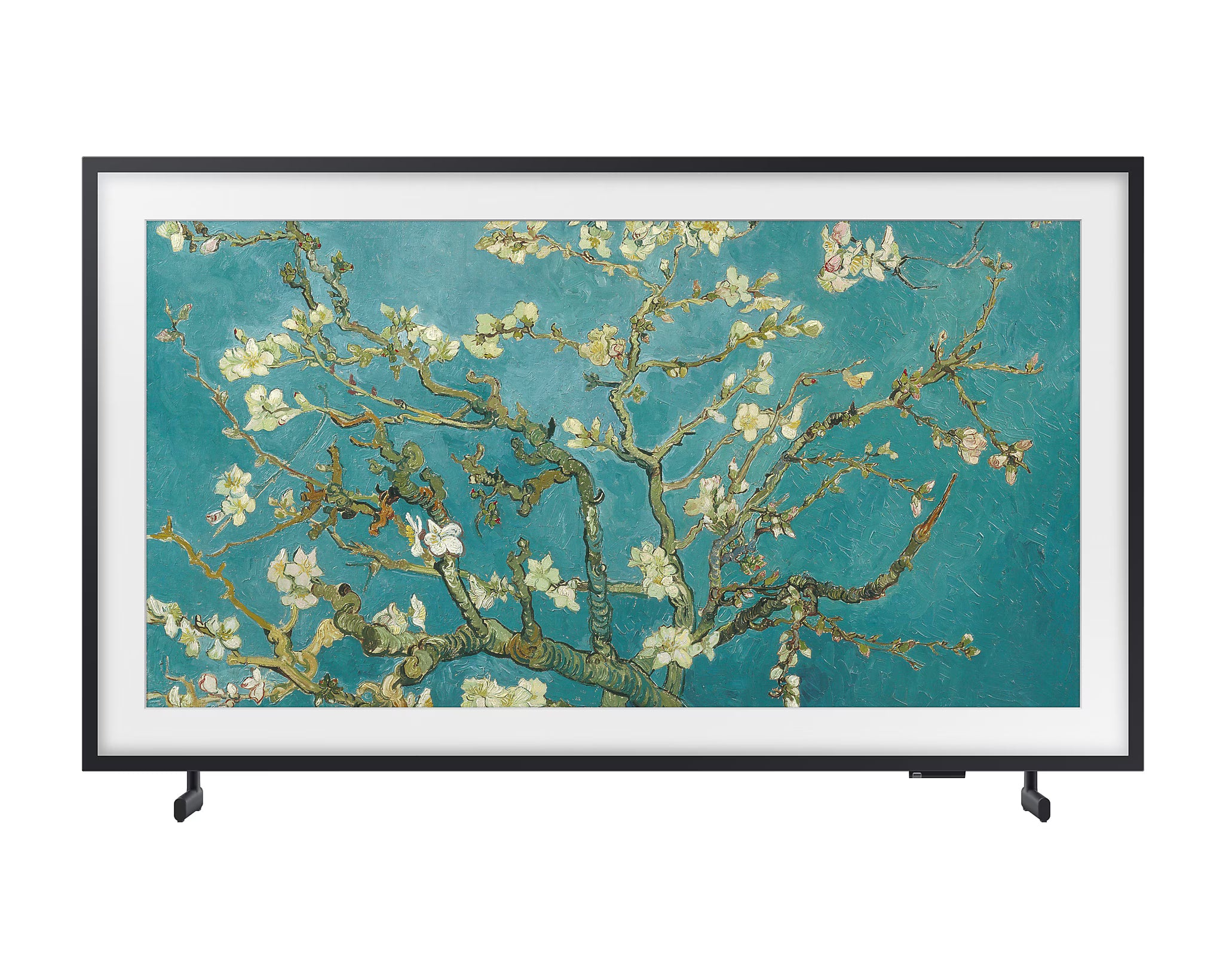 Framed artwork of a floral branch on a blue background