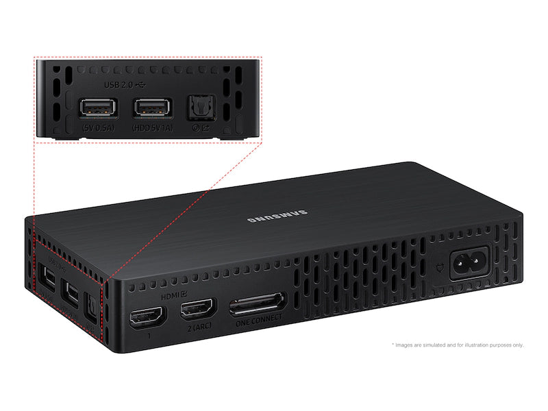 Black electronic device with multiple ports on a white background