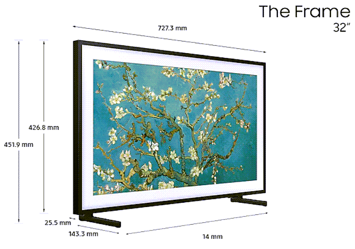 32-inch TV screen with Van Gogh's 'Almond Blossom' artwork and dimensions on a white background