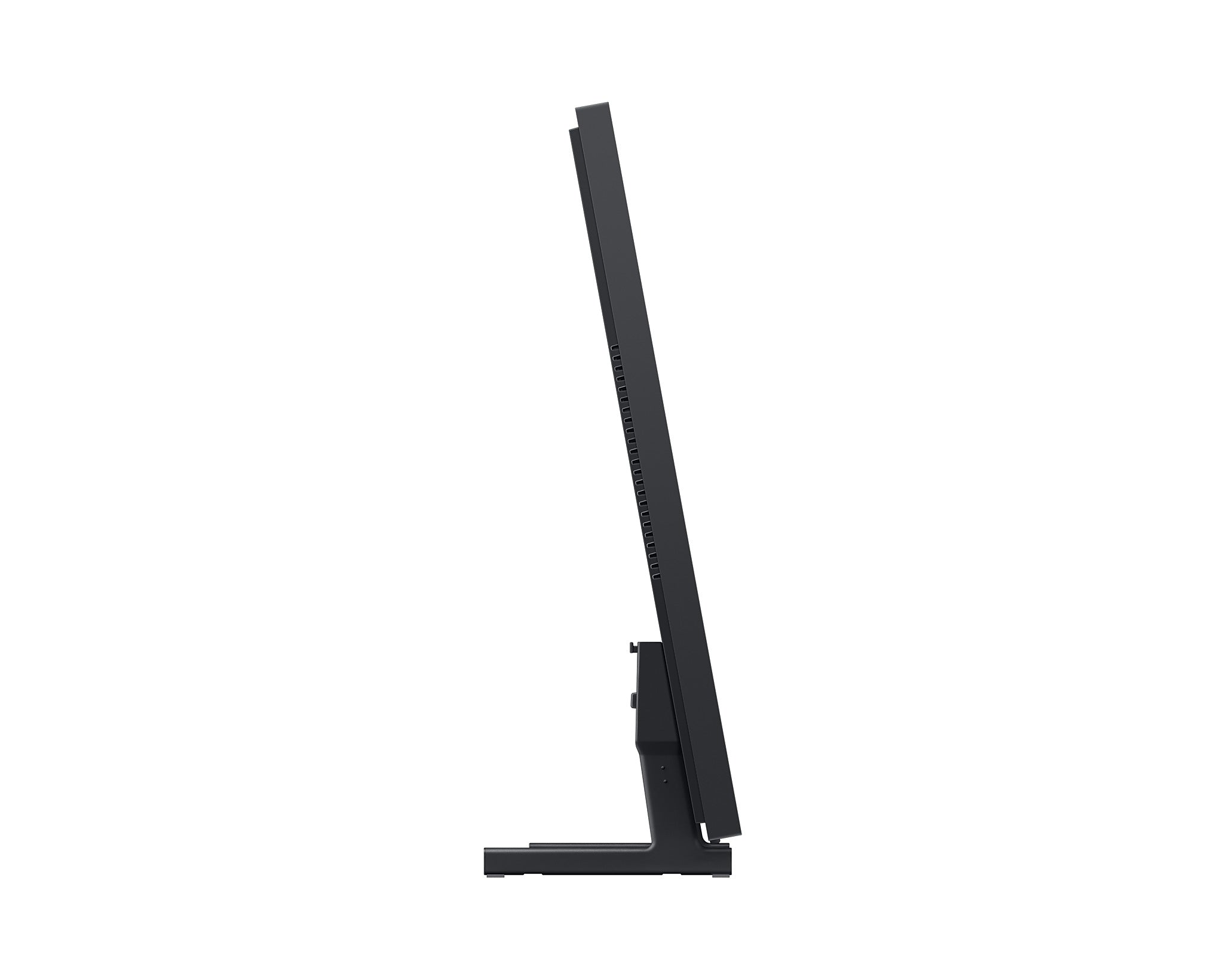 Black computer monitor stand on a white background