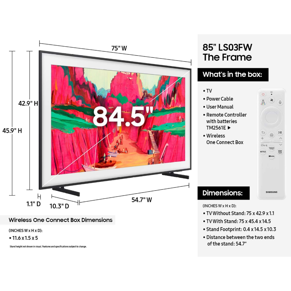 Samsung TV with dimensions and features listed on a white background