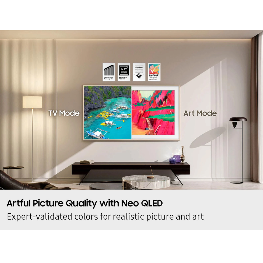 Modern living room with a TV displaying art mode and TV mode on the screen.