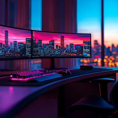 Modern gaming setup with dual monitors displaying a cityscape, keyboard, and mouse on a curved desk.