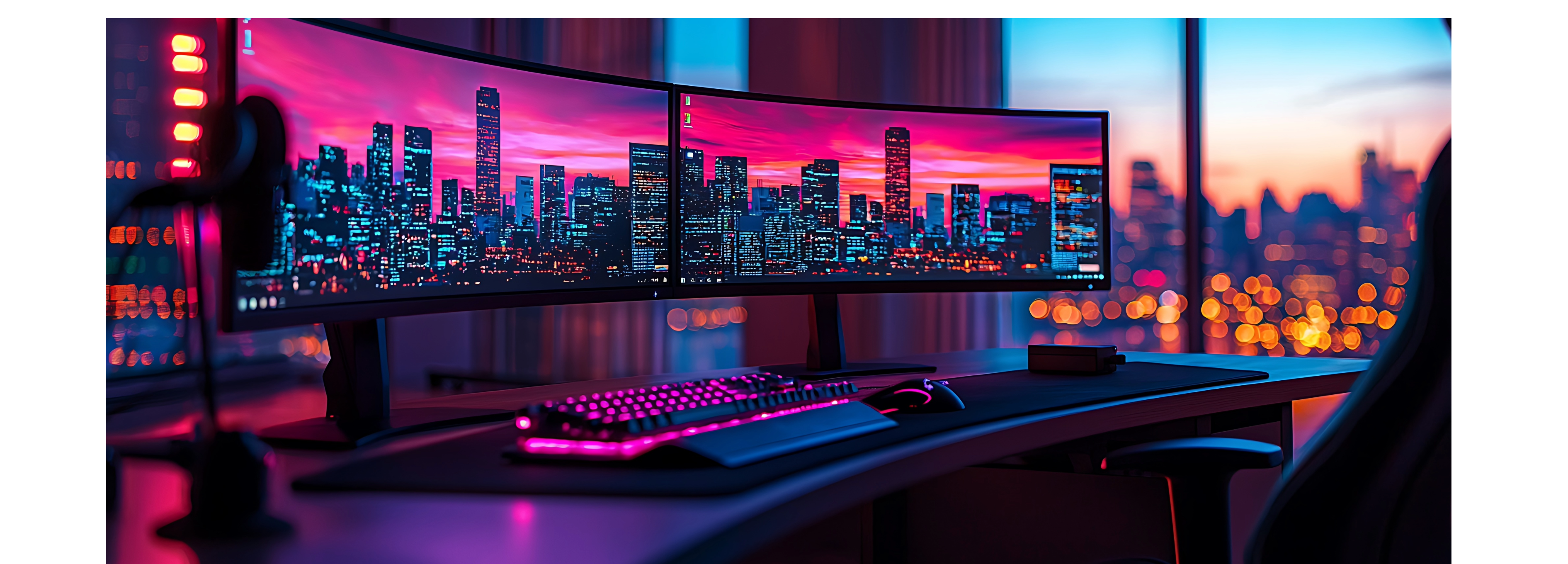 Multimonitor setup with cityscape screensaver on a desk.
