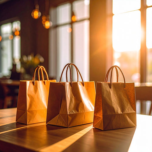 Three brown paper bags on a wooden table with a blurred background
