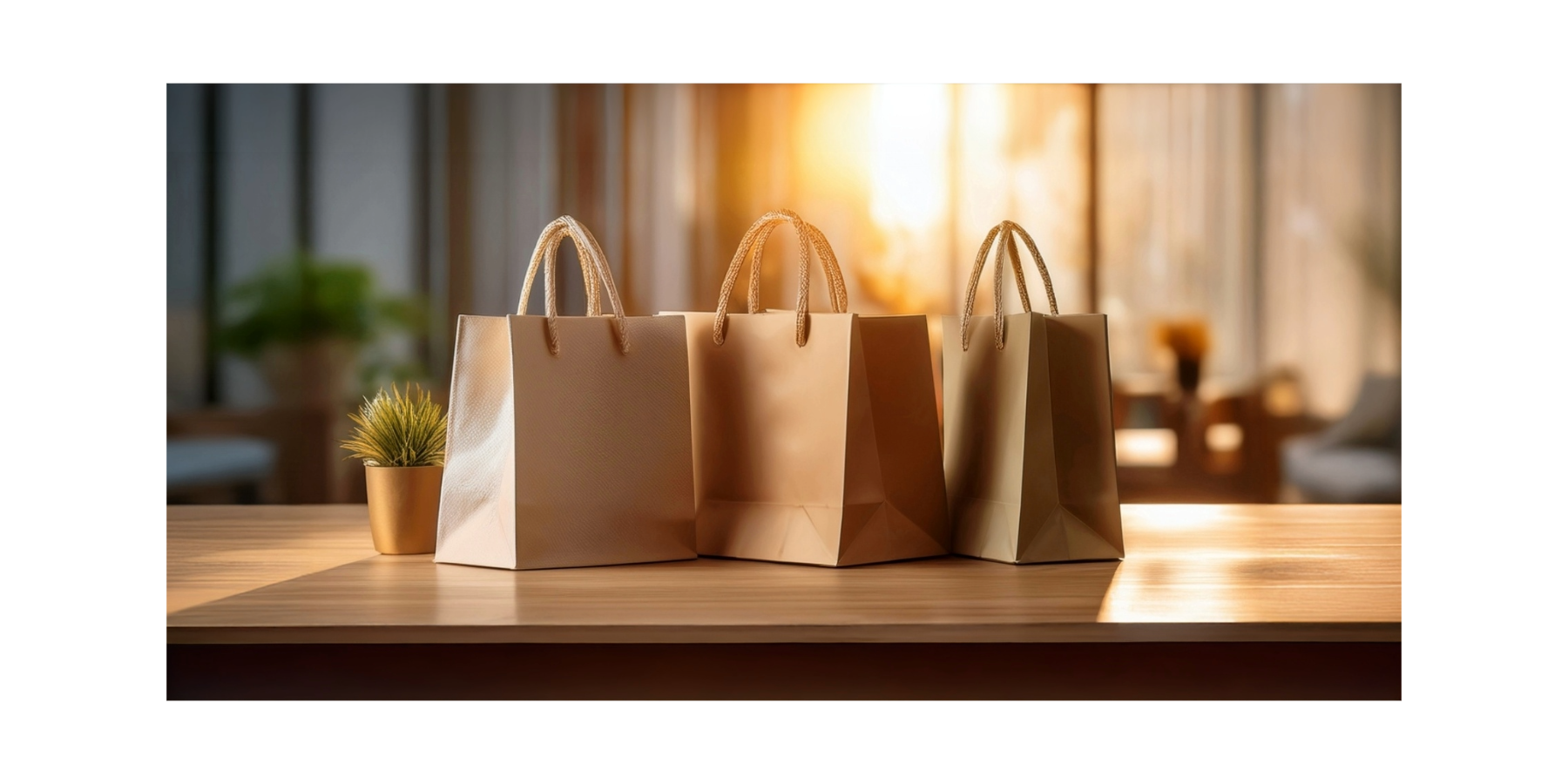 Three brown paper bags on a wooden table with a blurred indoor background