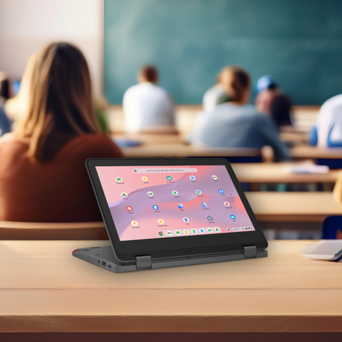 Tablet on a desk in a classroom with students in the background