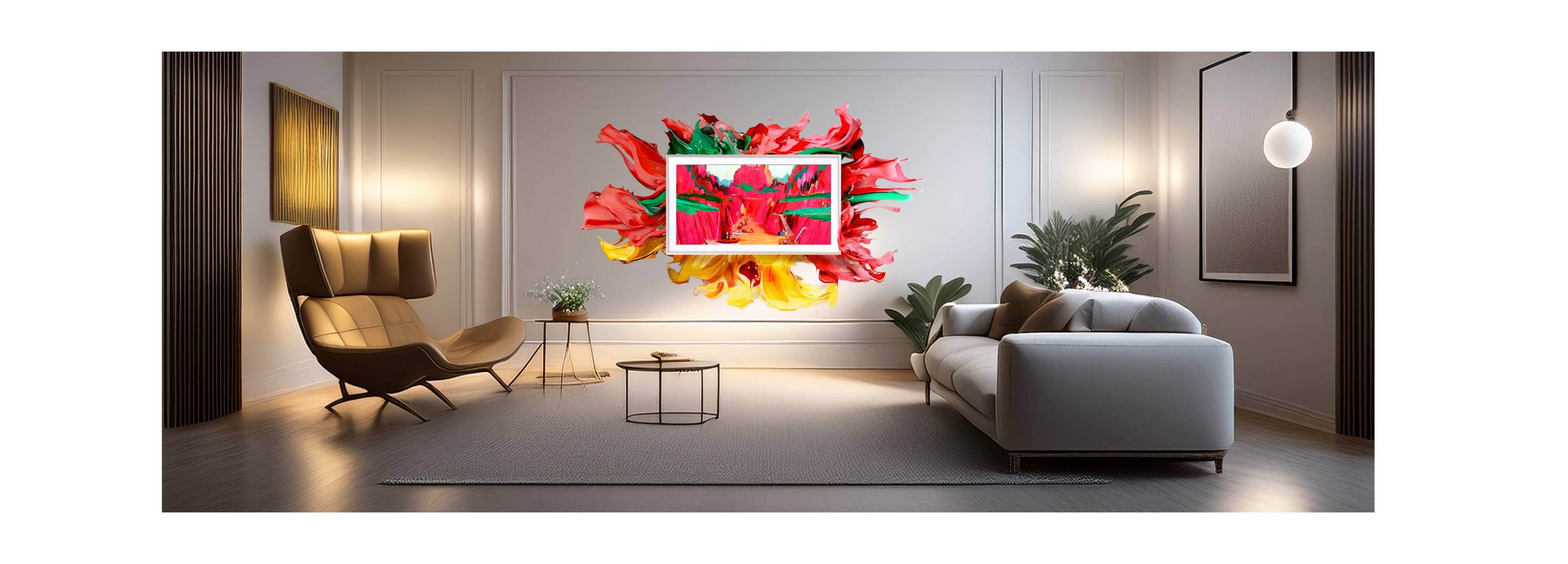 Samsung The Frame TV on a wall with artful coloring extending outside the frame of the TV