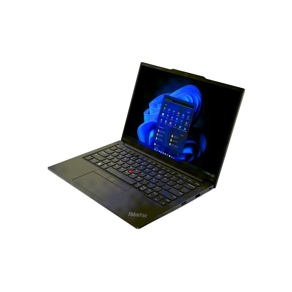 Laptop with a blue light effect on the screen against a white background