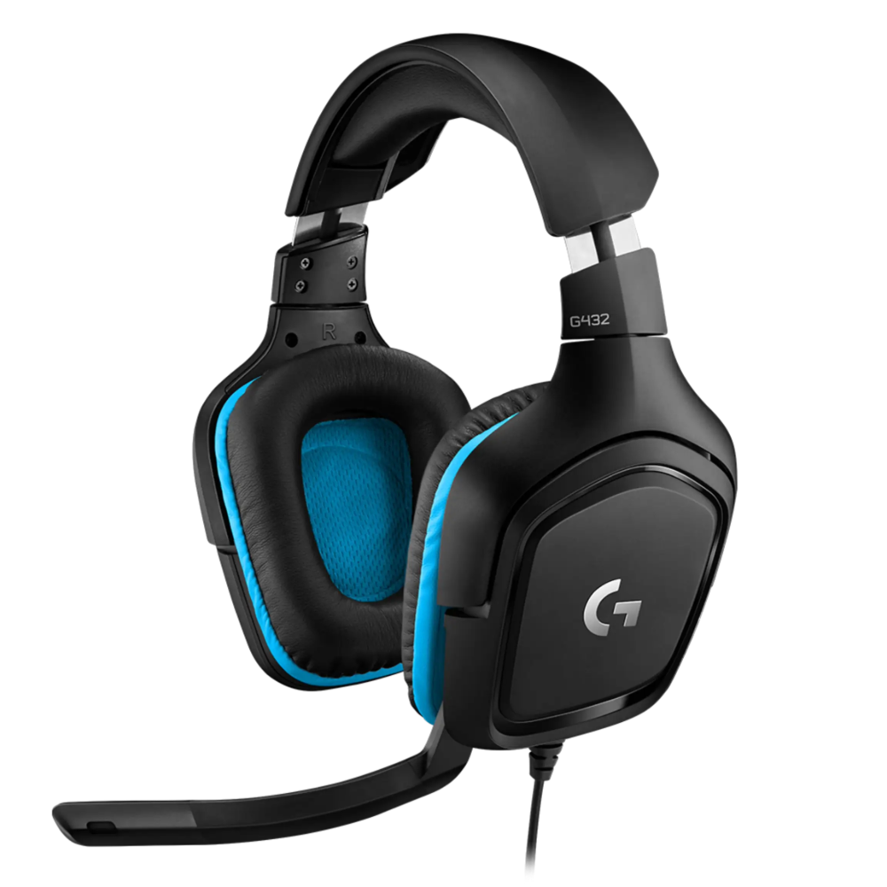 Black gaming headset with blue accents on a white background