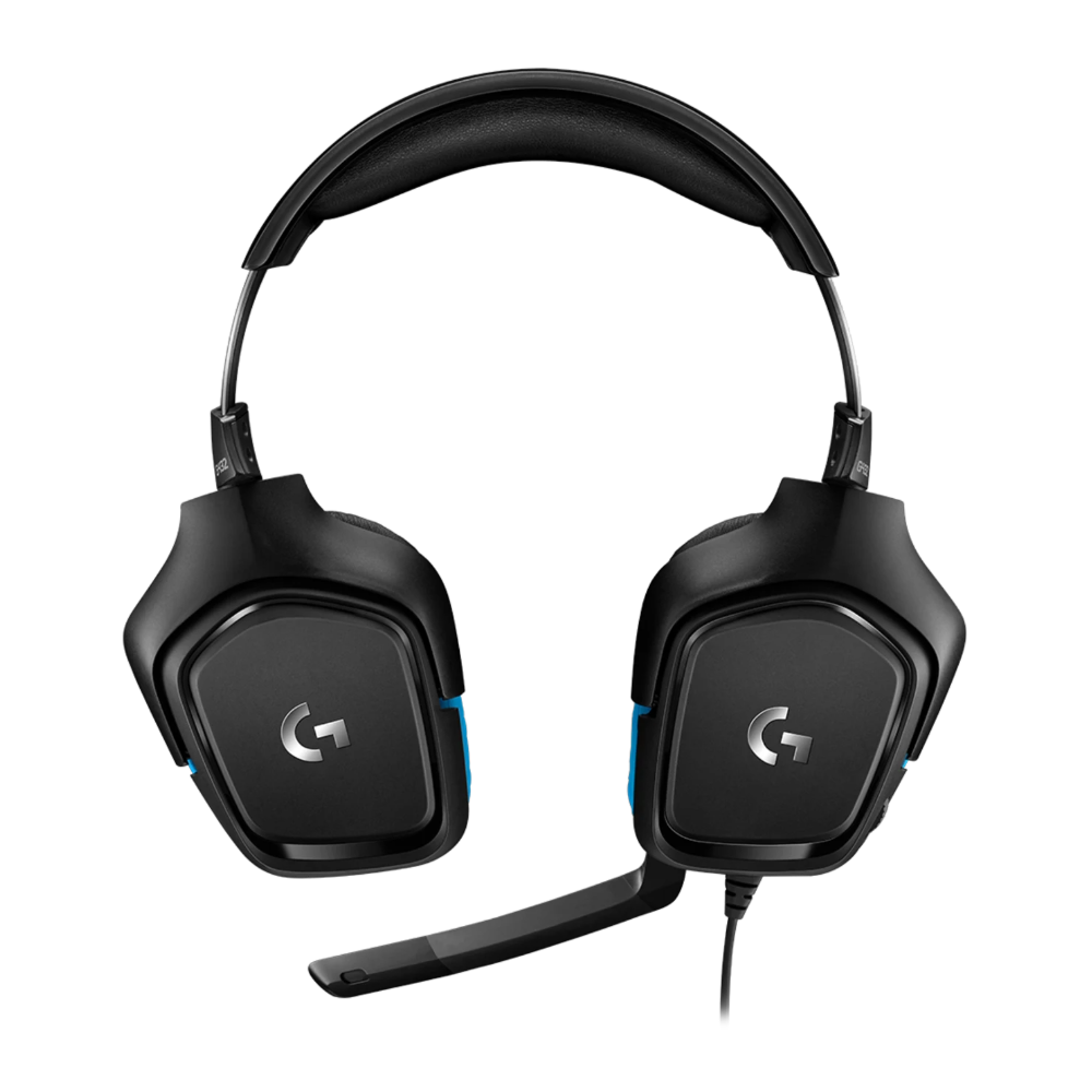 Black gaming headset with microphone on a white background