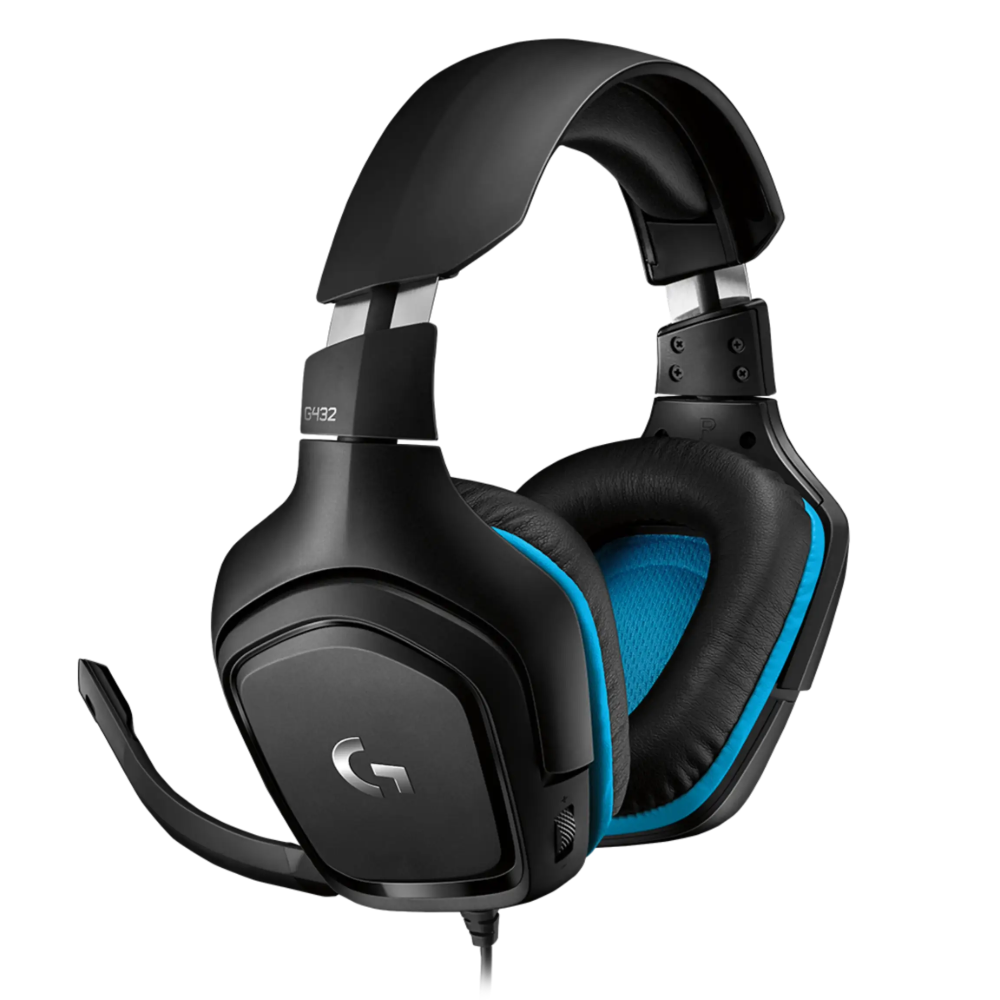 Black gaming headset with blue accents on a white background