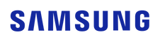 Samsung logo in blue on a white background