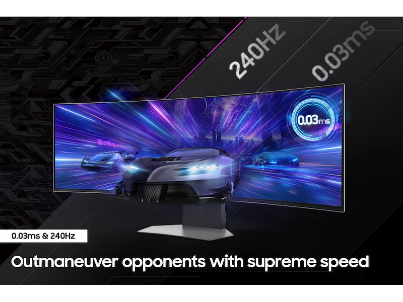 Monitor with racing game display, fast refresh rate text, and gaming theme.