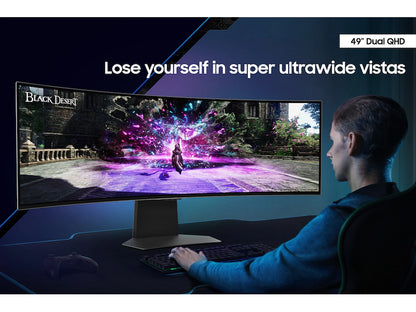 Person playing a game on a large curved monitor with text 'Lose yourself in super ultrawide vistas' and '49'' Dual GHD'.