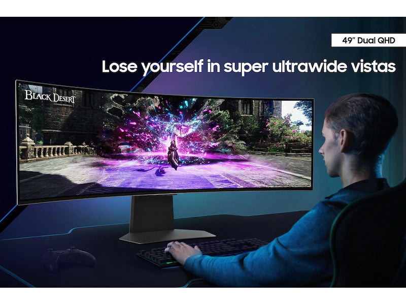 Person playing a game on a large curved monitor with text 'Lose yourself in super ultrawide vistas' and '49'' Dual GHD'.