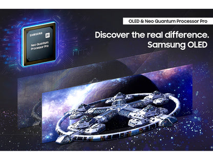 Samsung OLED TV with space-themed display and Neo Quantum Processor Pro branding.