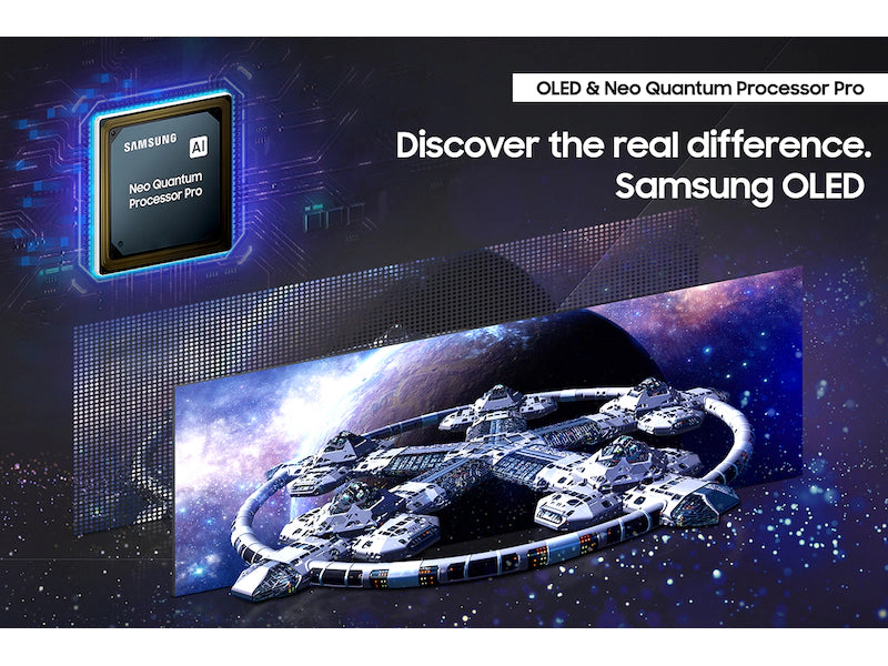 Samsung OLED TV with space-themed display and Neo Quantum Processor Pro branding.