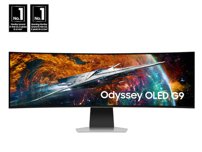 Odyssey OLED G9 monitor with space-themed display on a white background