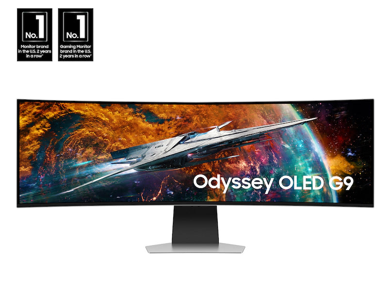 Odyssey OLED G9 monitor with space-themed display on a white background