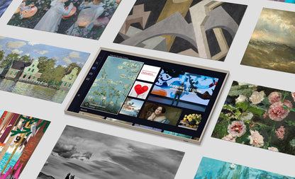 Tablet displaying a collage of images on a white surface with various artworks.
