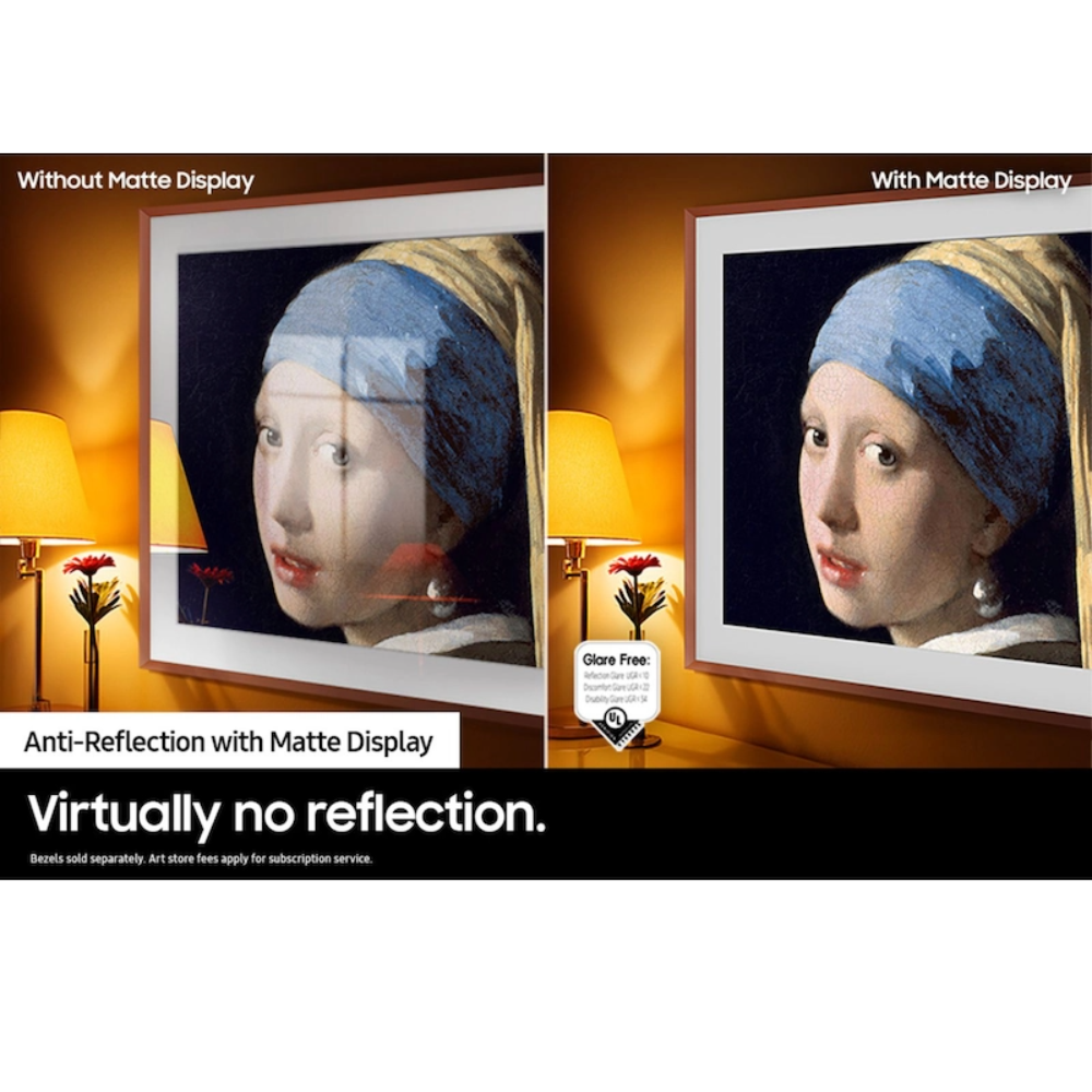 Comparison of a TV screen with and without a matte display, featuring 'Girl with a Pearl Earring'.
