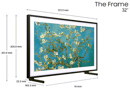 32-inch TV screen with Van Gogh's 'Almond Blossom' artwork and dimensions on a white background