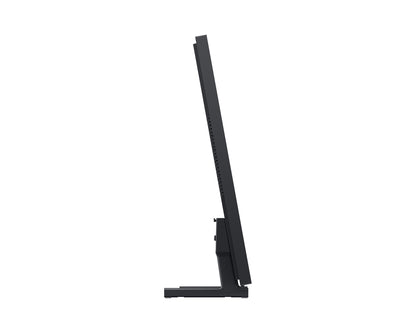 Black computer monitor stand on a white background
