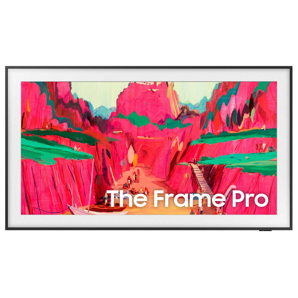 Samsung The Frame Pro TV displaying a colorful landscape with 'The Frame Pro' branding.