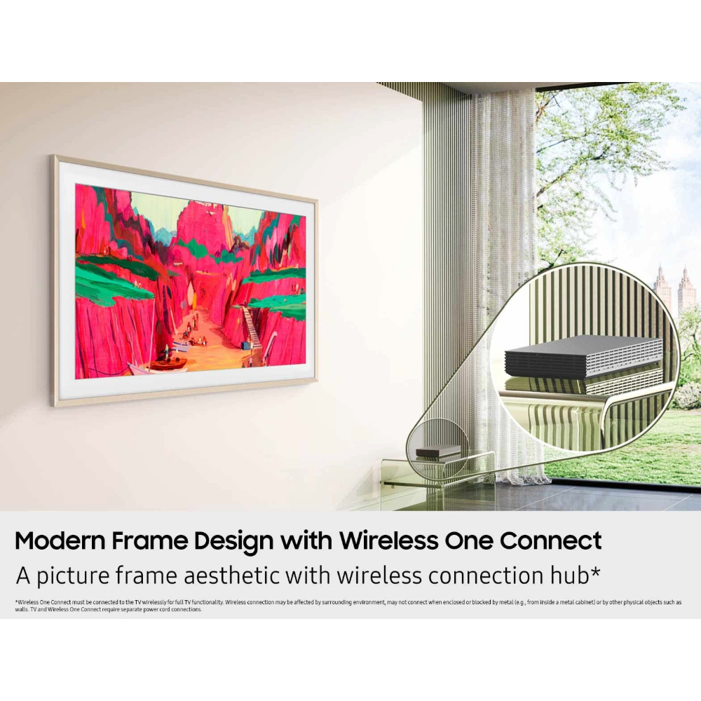 Modern frame design with wireless connection hub in a room setting